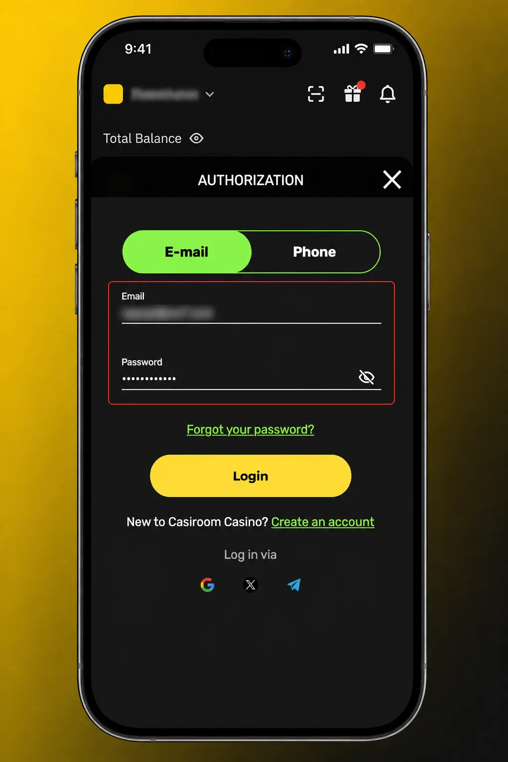 Casiroom login steps showing sign in options, one-time code prompt, and access to cashier, bonuses, casino and sportsbook