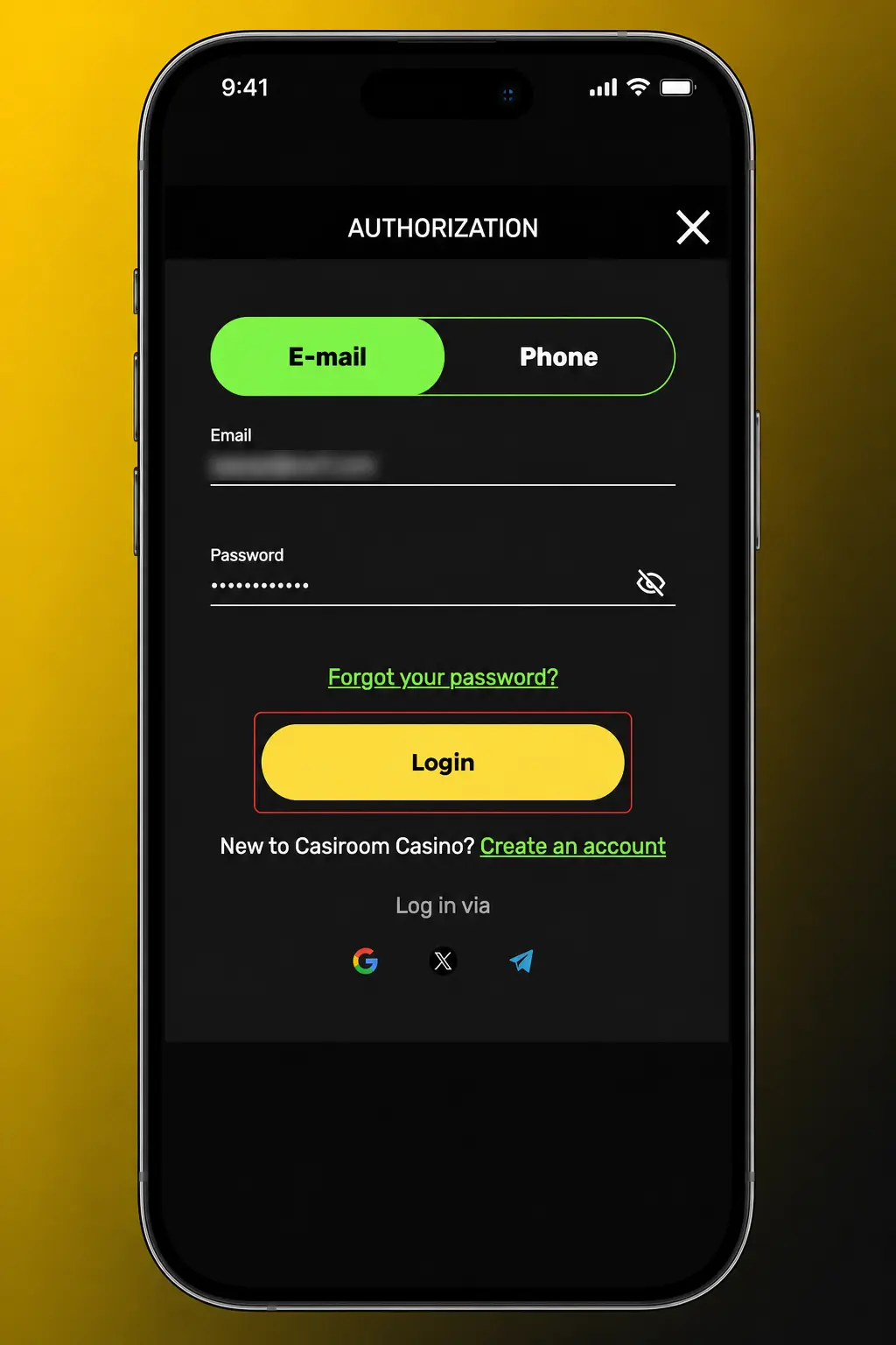 Casiroom login steps showing email or mobile sign in, one-time code and access to casino, sportsbook and cashier