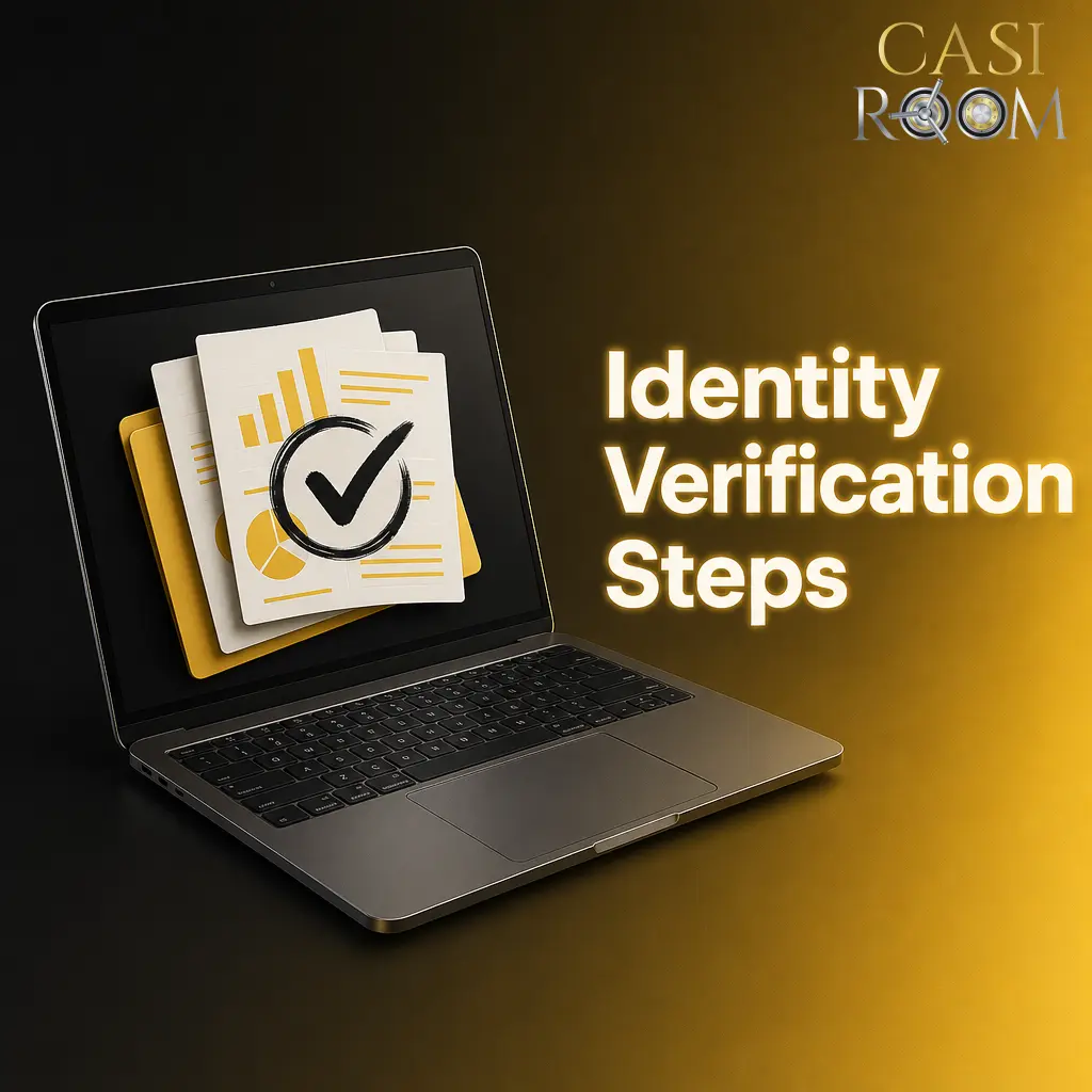 Four identity verification steps: account settings, ID upload, address confirmation, and email approval.