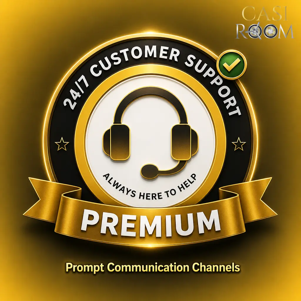 Casiroom 24/7 customer support channels featuring live chat, email, FAQ, and VIP phone assistance.