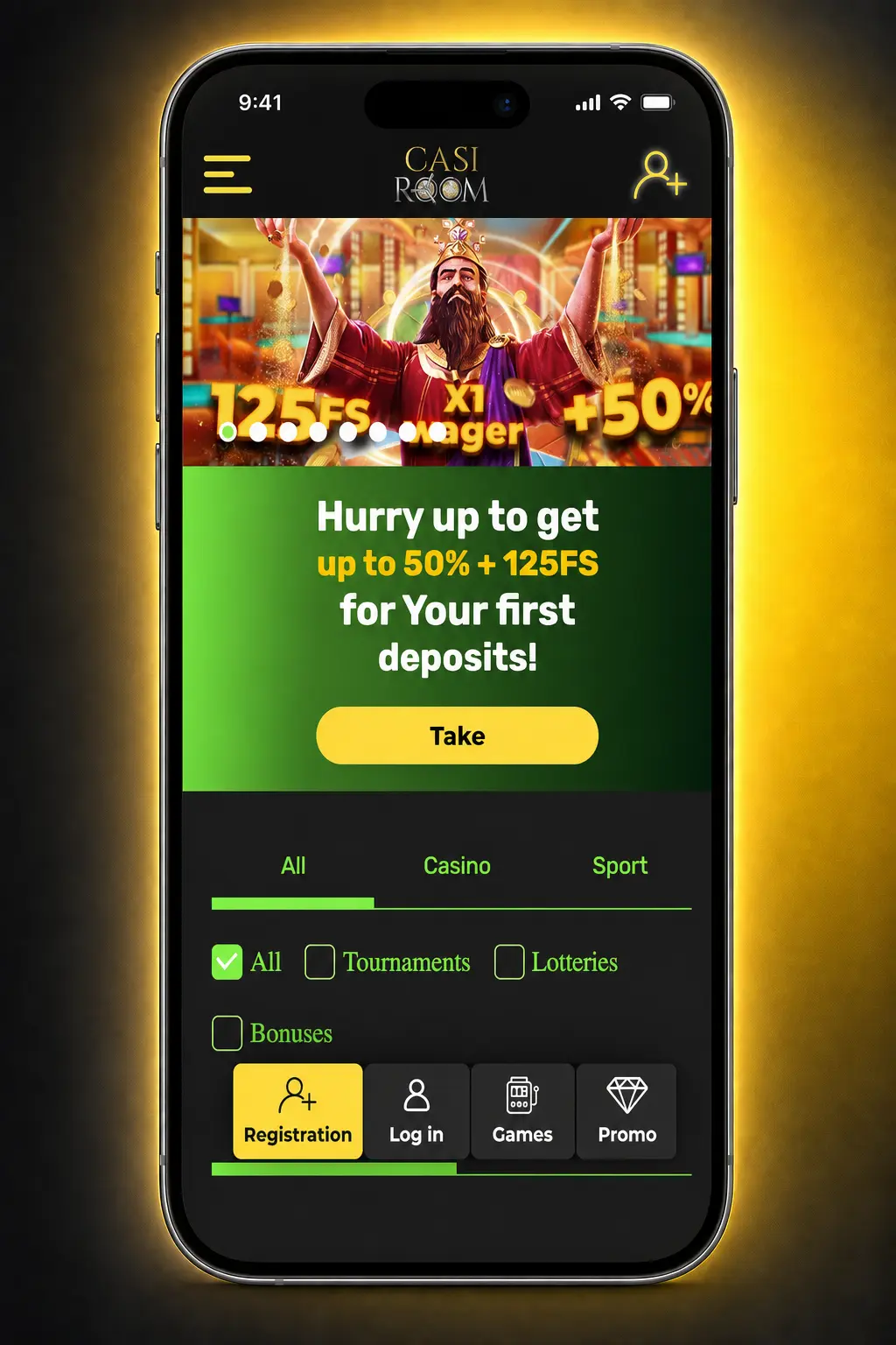Android phone showing Casiroom PWA install steps and add to home screen option for casino access